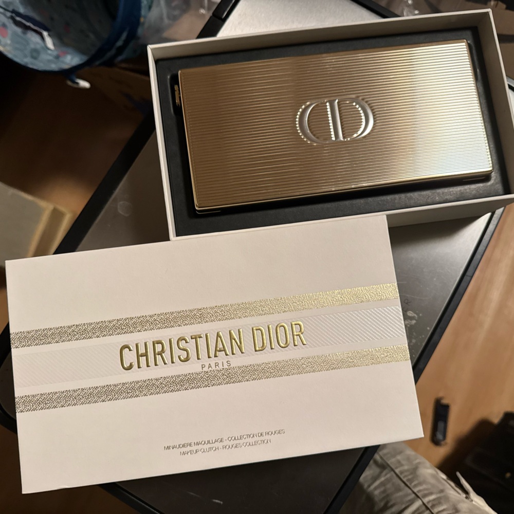 Dior gold metal makeup clutch (see picture inside of the bag)